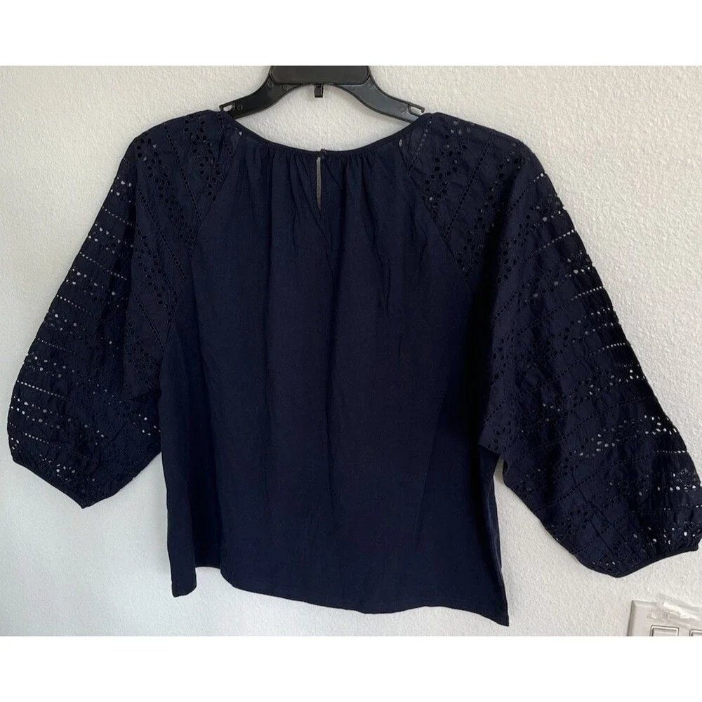J. Crew Puff Sleeve Womens Top Large Navy Blue Embroidery 100%Cotton Casual NWT